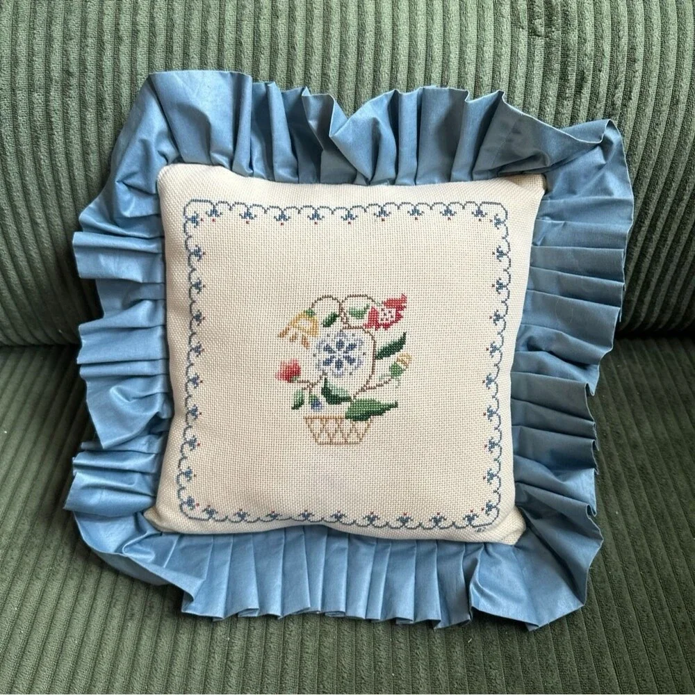 Vintage Floral Throw Pillow 15 X 15 Cottagecore Embroidery Floral Needlepoint
